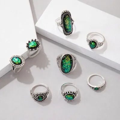 Vintage Colorful Green Stone Flowers Knuckle Ring Set (8 pcs)